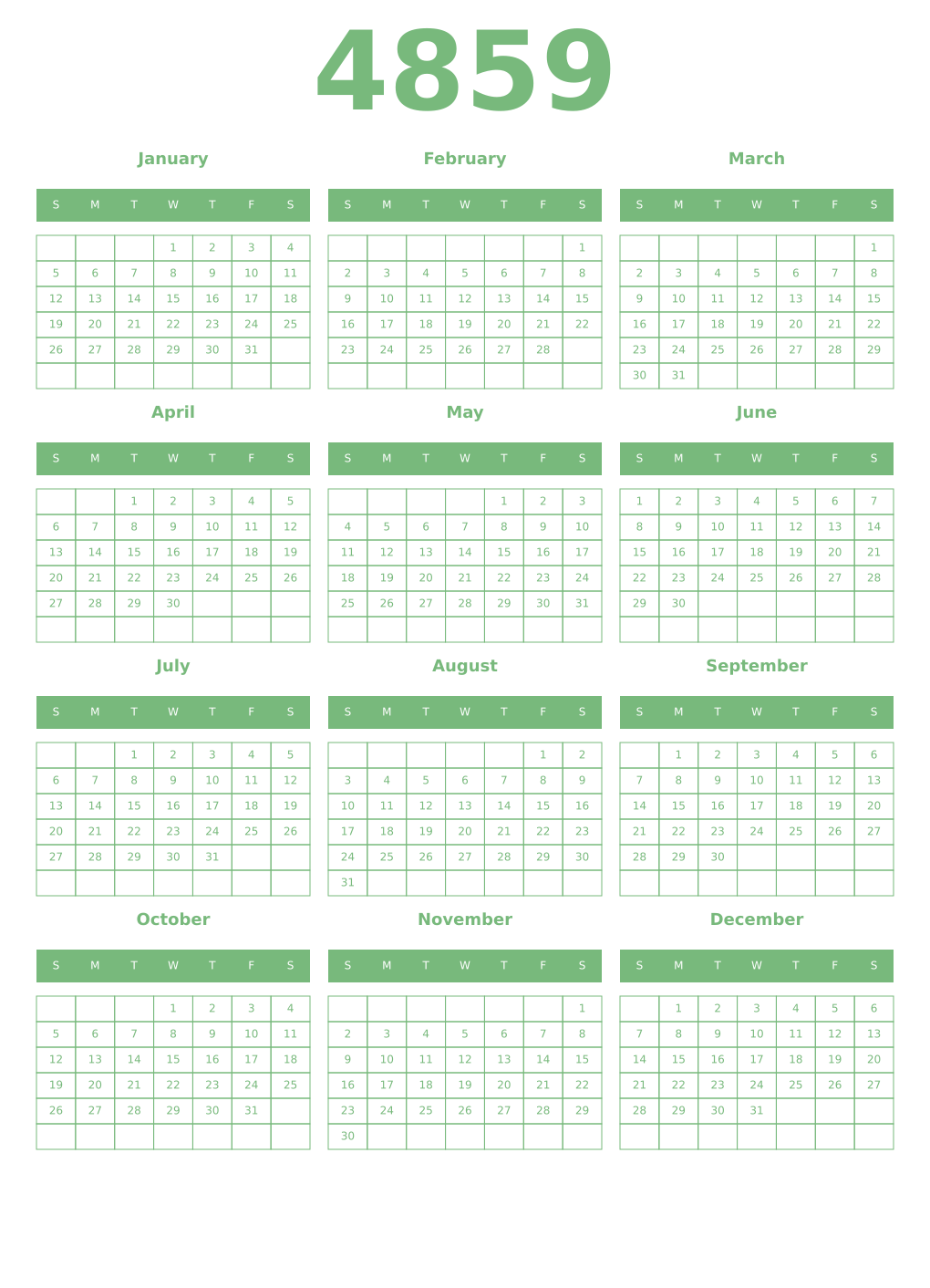Printable 4859 Year Calendars celadon