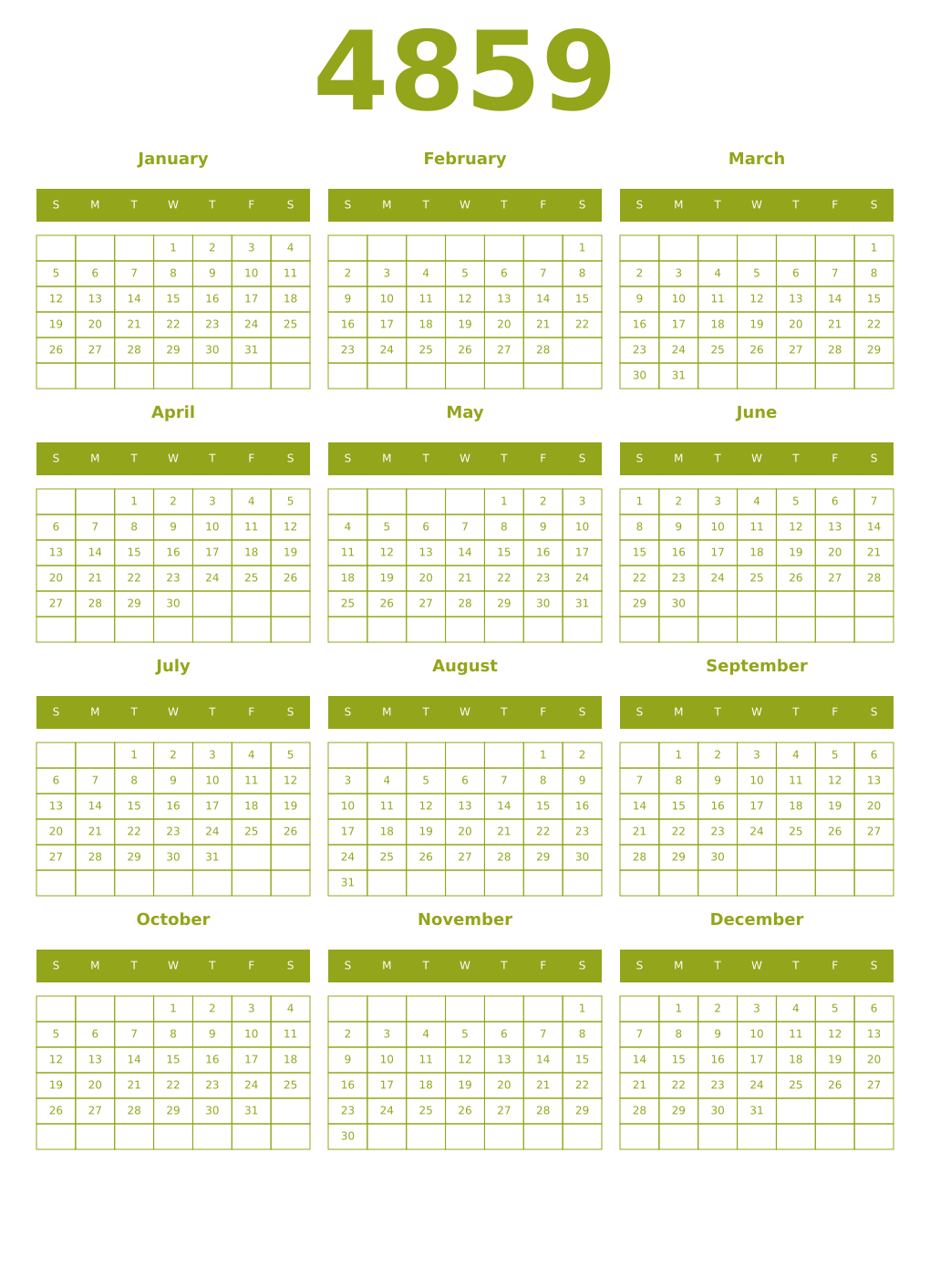 Printable 4859 Year Calendars chartreuse