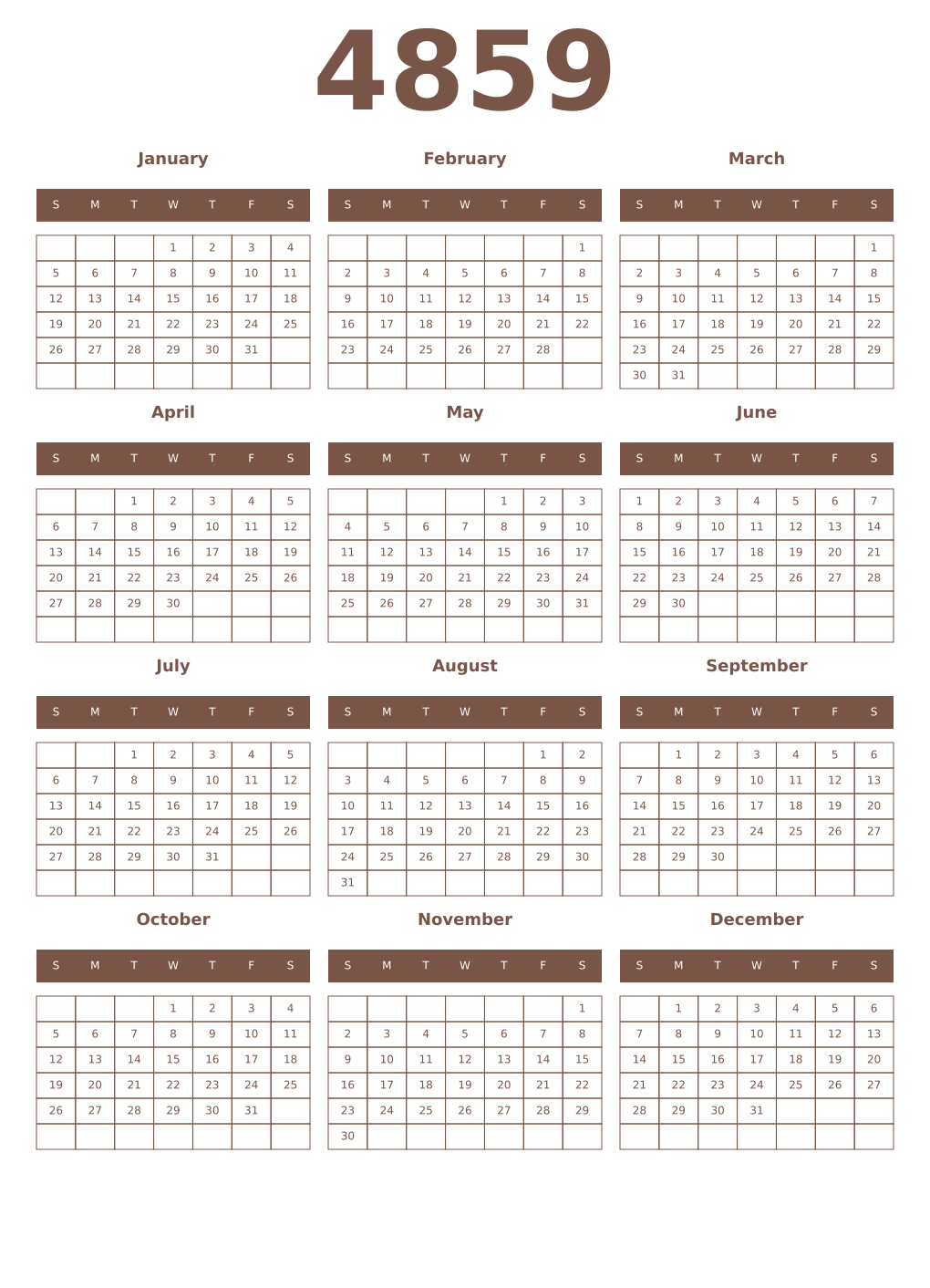 Printable 4859 Year Calendars coffe