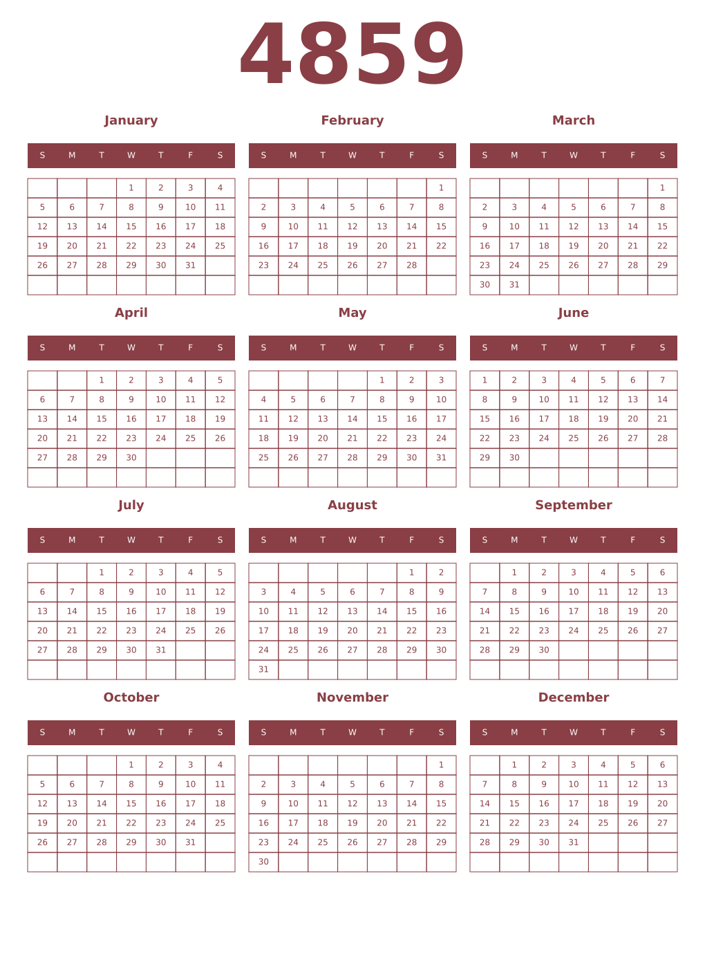 Printable 4859 Year Calendars cordovan