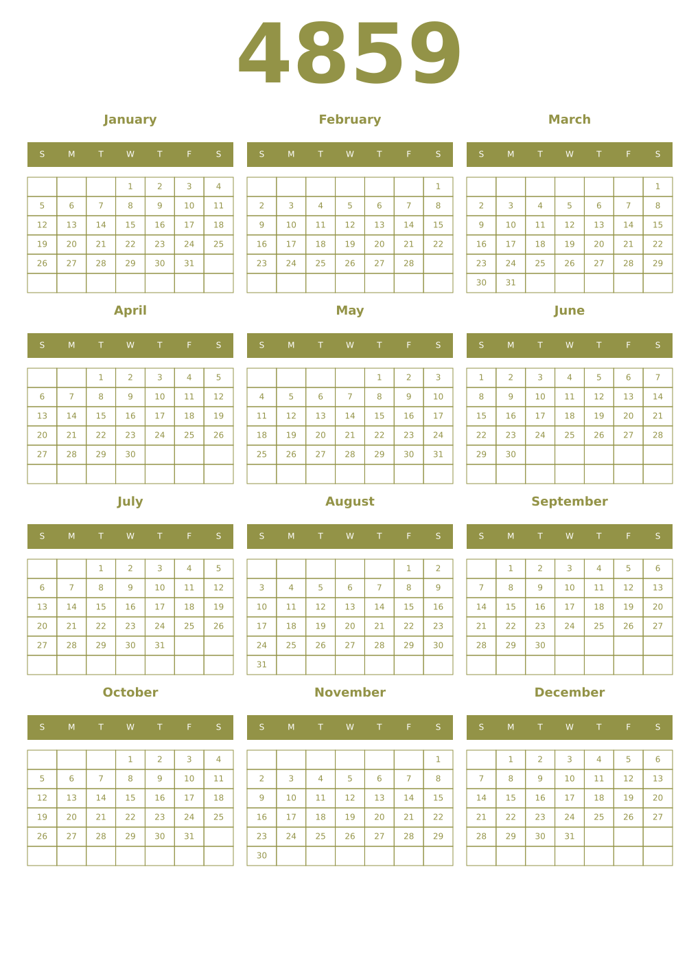 Printable 4859 Year Calendars eburnean