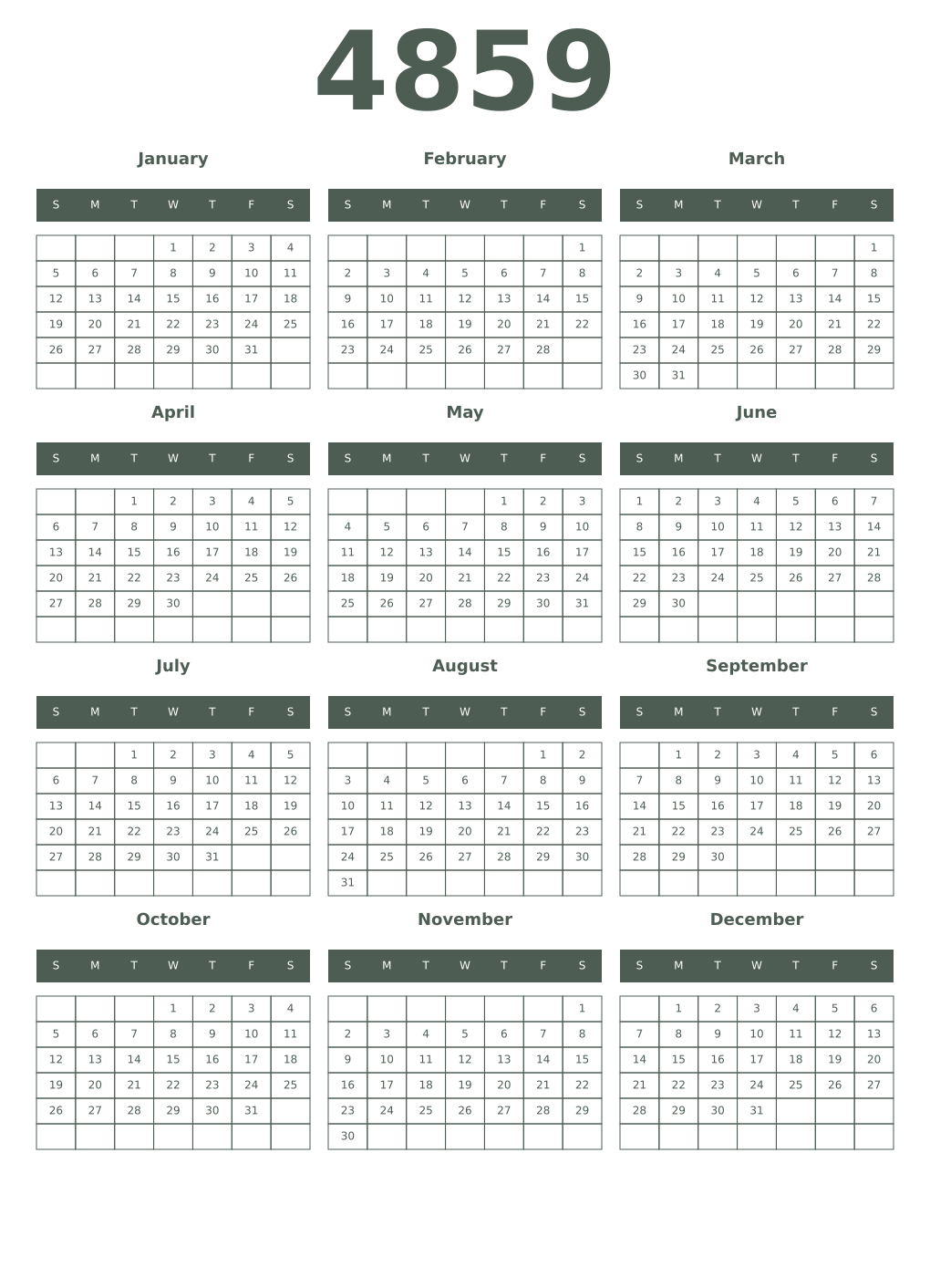 Printable 4859 Year Calendars feldgrau