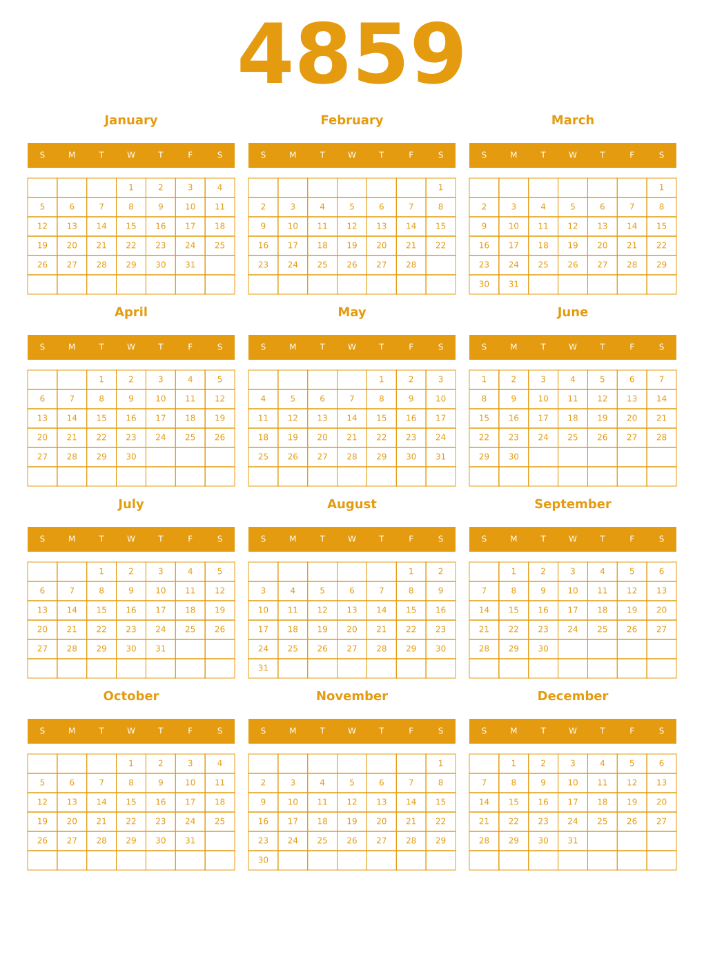Printable 4859 Year Calendars gamboge