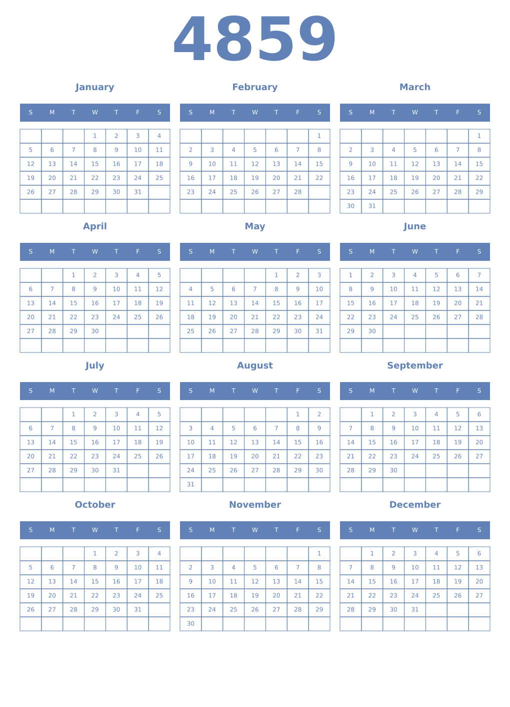Printable 4859 Year Calendars glaucous