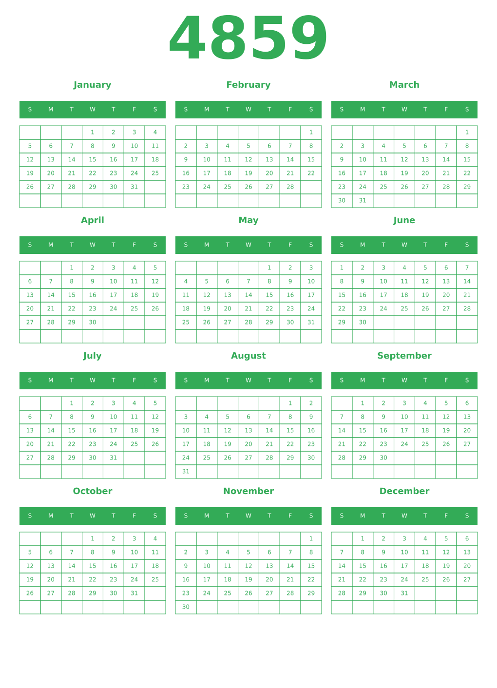 Printable 4859 Year Calendars green