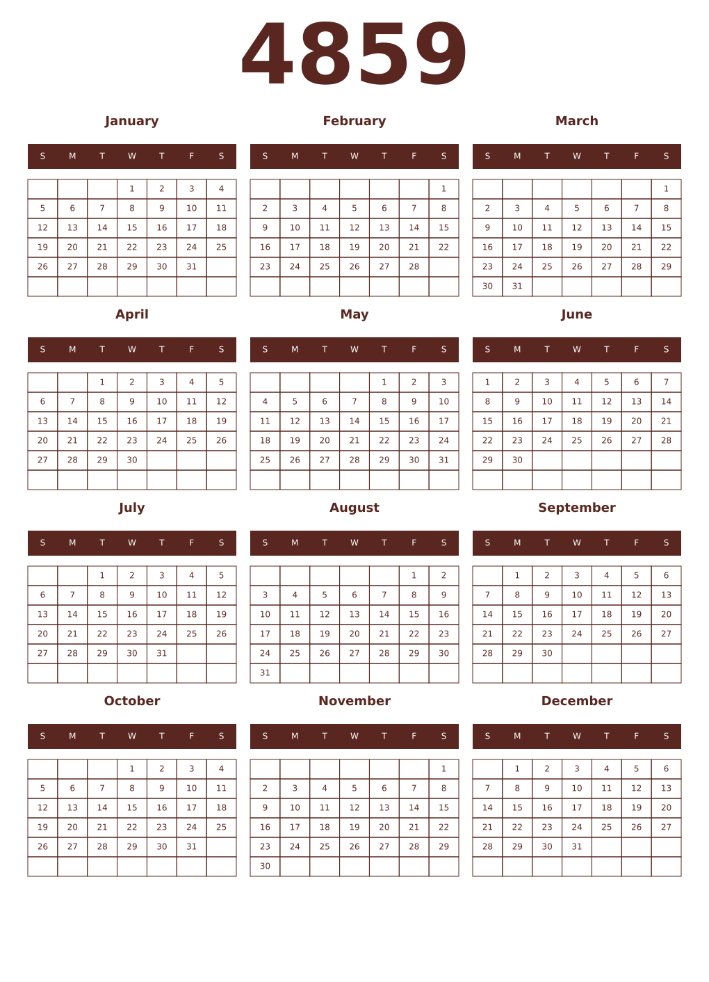 Printable 4859 Year Calendars mortuum