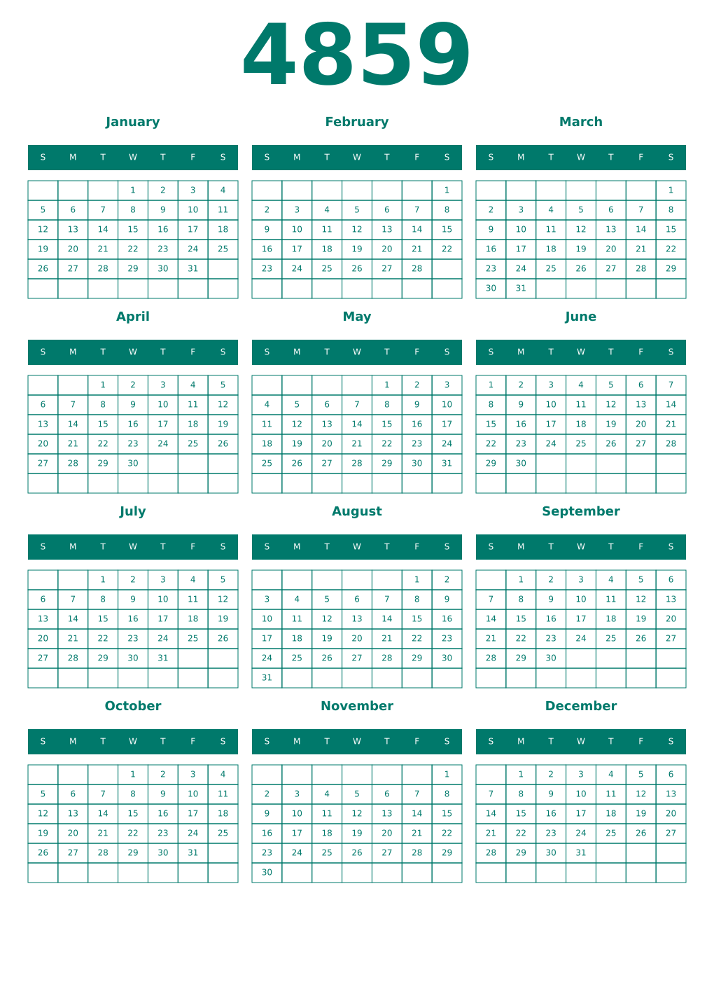 Printable 4859 Year Calendars pastel