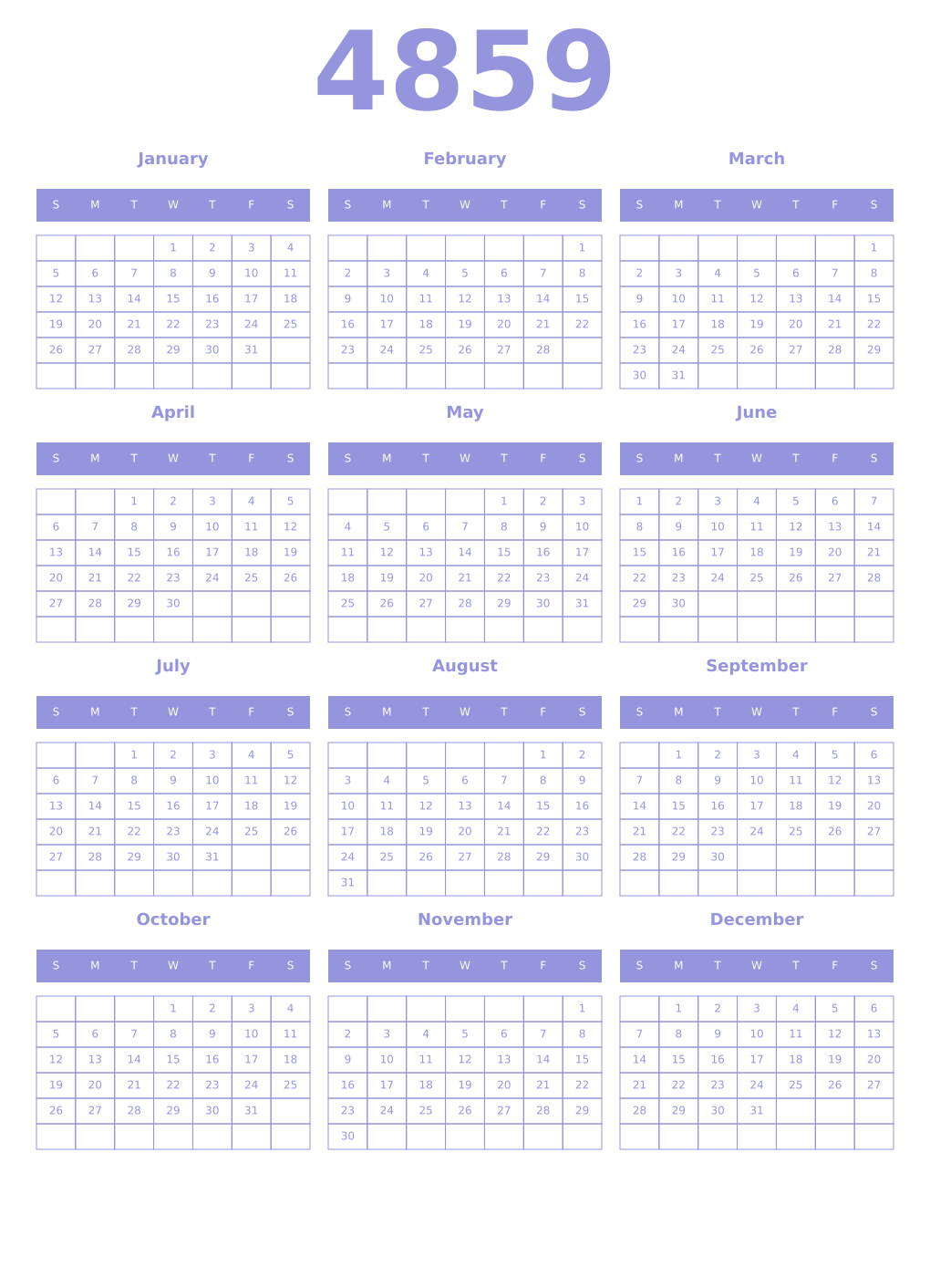 Printable 4859 Year Calendars periwinkle