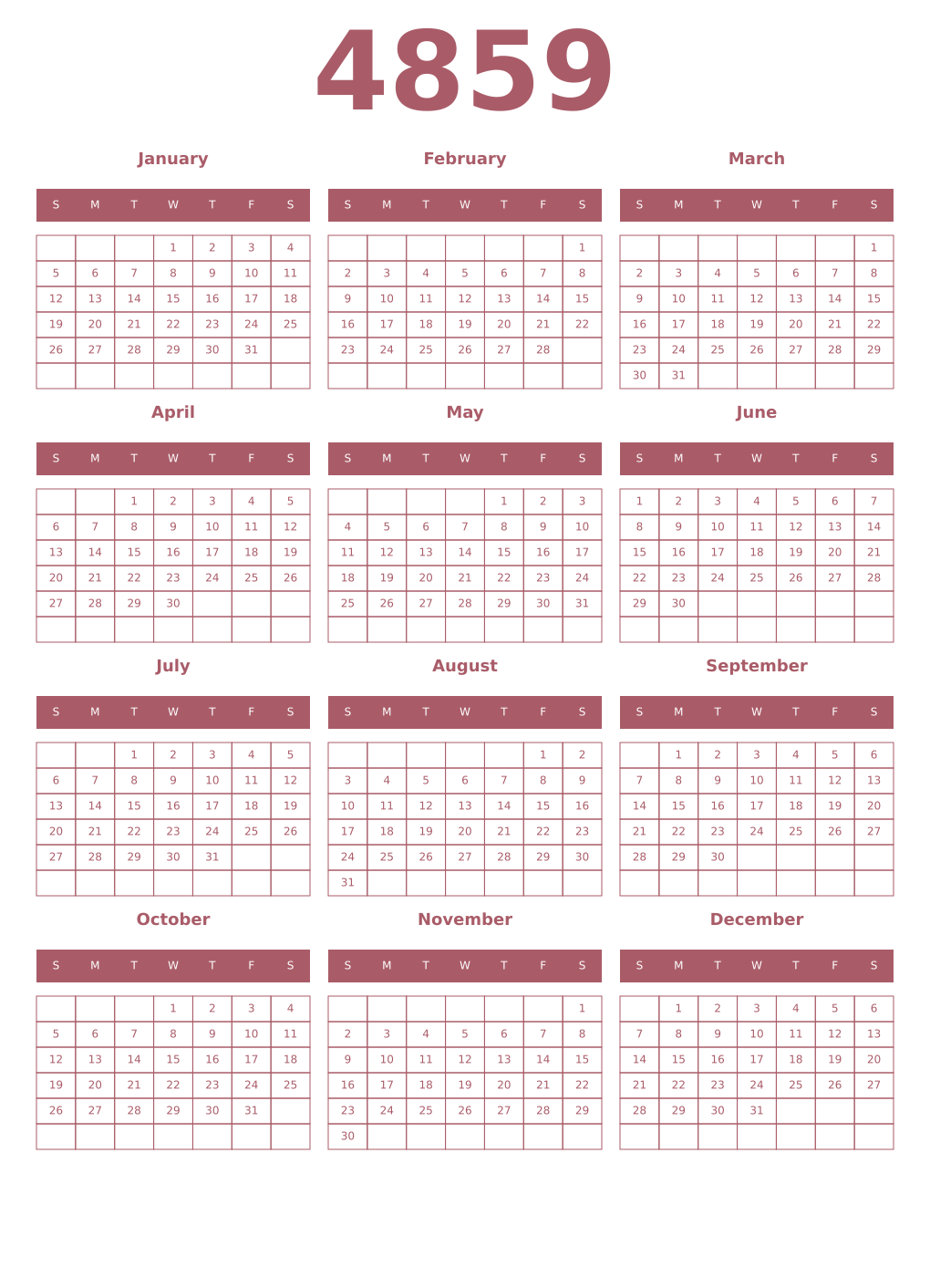 Printable 4859 Year Calendars puce