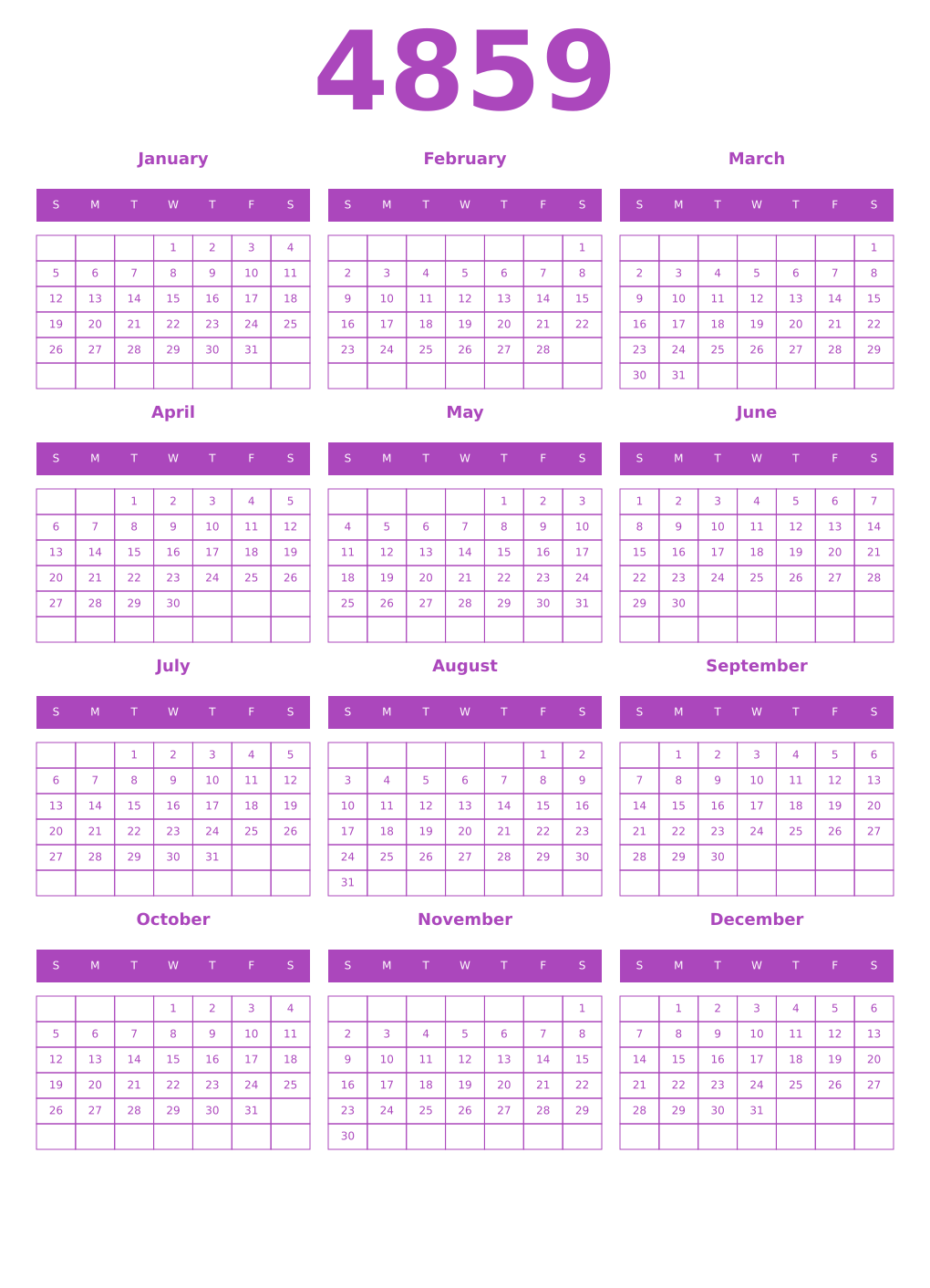 Printable 4859 Year Calendars purple