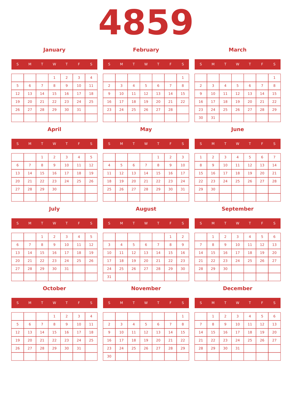 Printable 4859 Year Calendars red