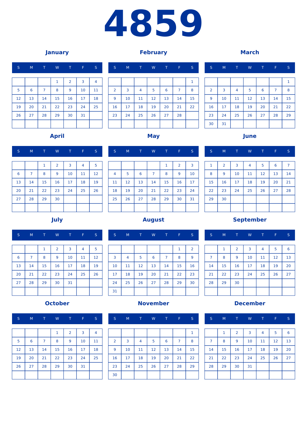 Printable 4859 Year Calendars smalt