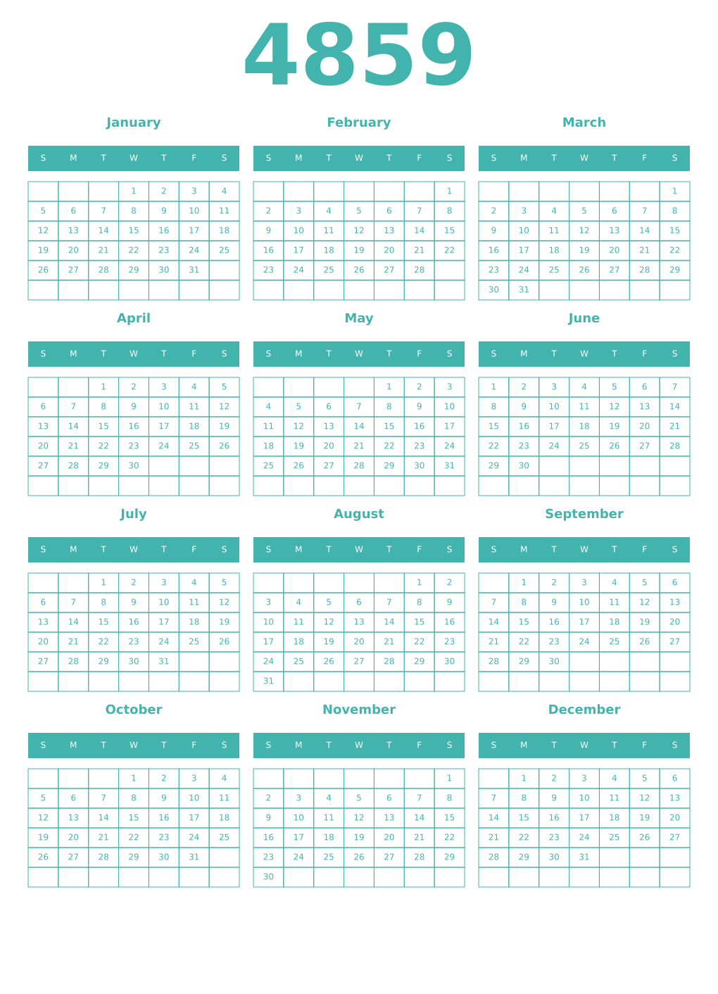 Printable 4859 Year Calendars verdigris