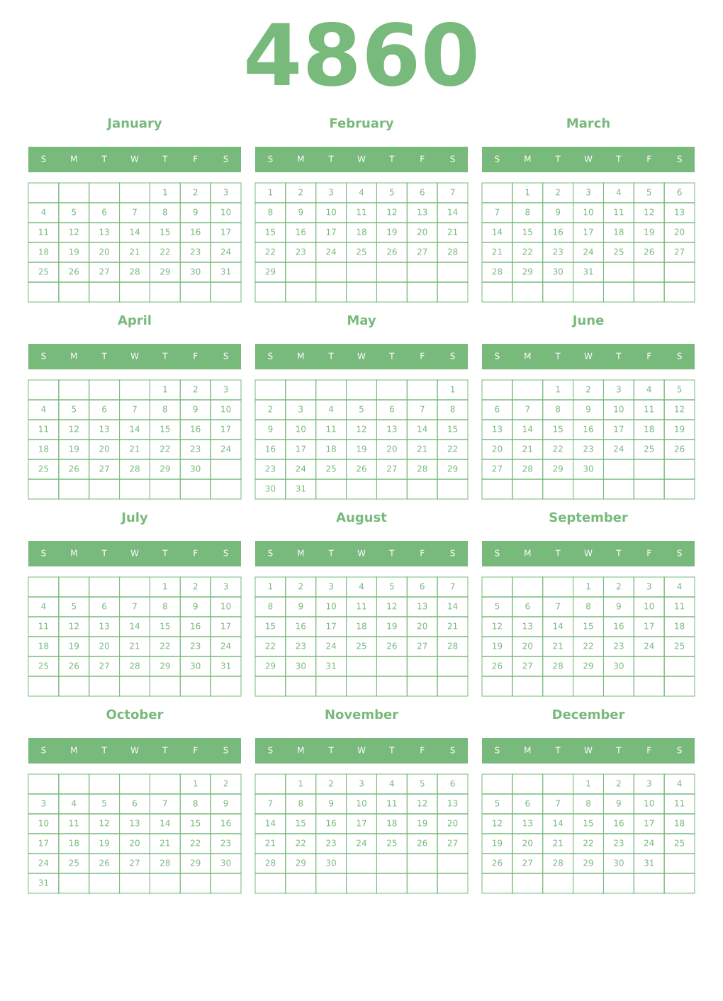 Printable 4860 Year Calendars celadon