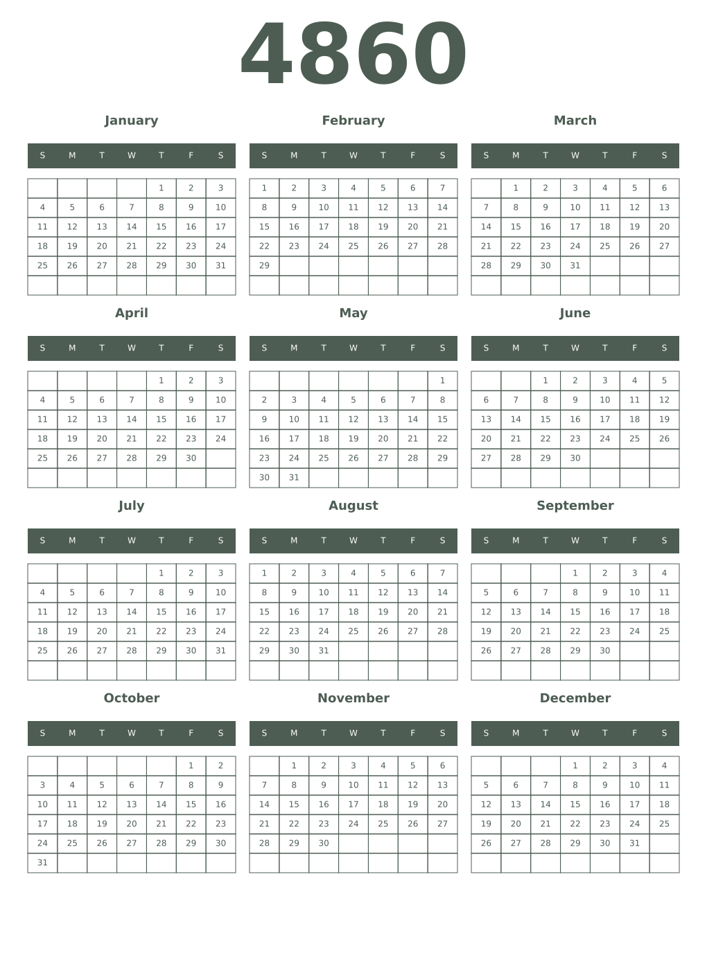 Printable 4860 Year Calendars feldgrau