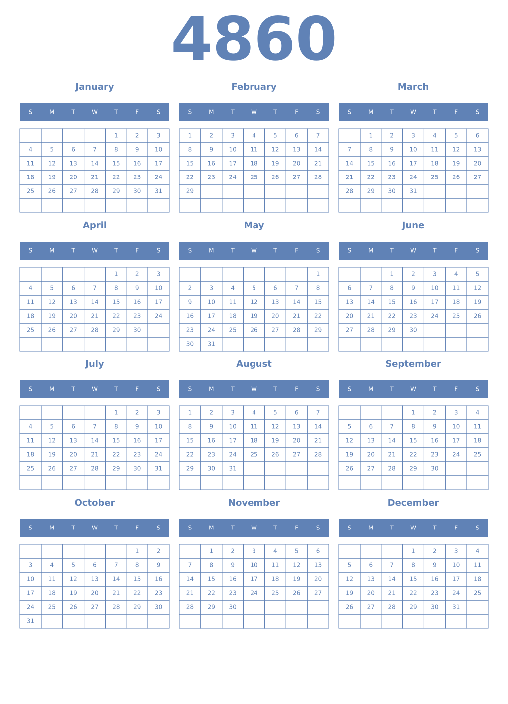 Printable 4860 Year Calendars glaucous