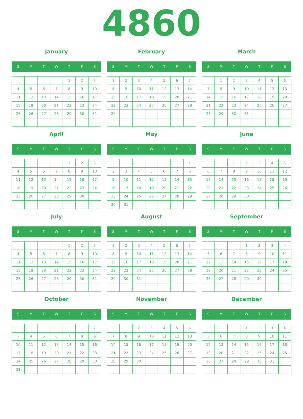 Printable 4860 Year Calendars green