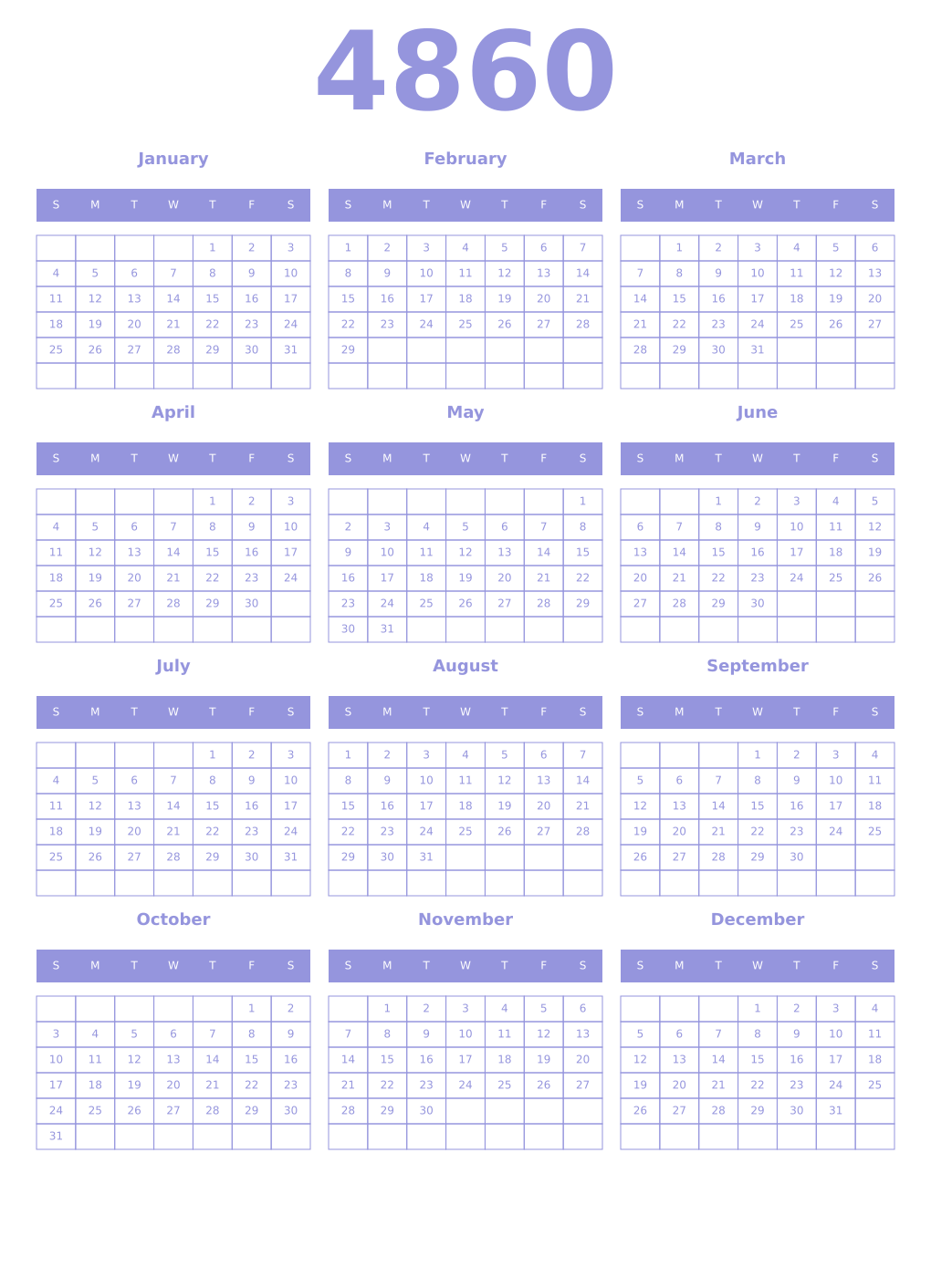 Printable 4860 Year Calendars periwinkle