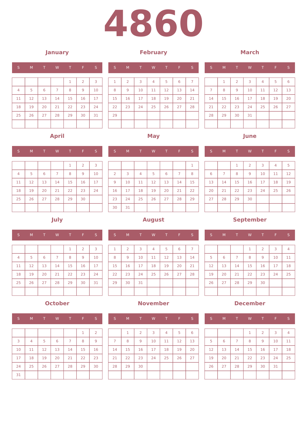 Printable 4860 Year Calendars puce