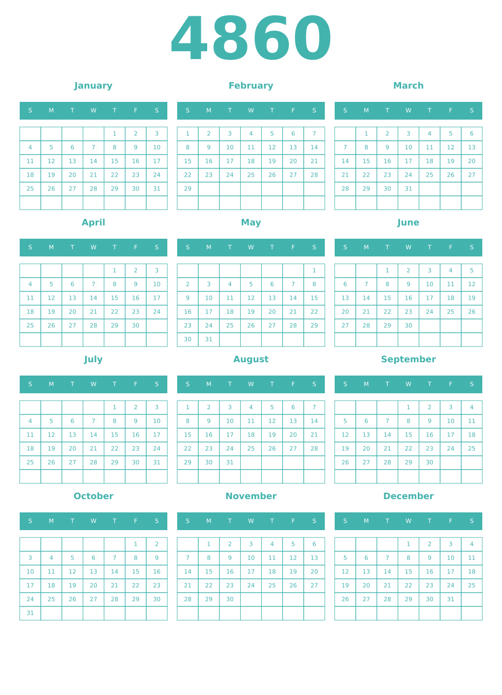 Printable 4860 Year Calendars verdigris