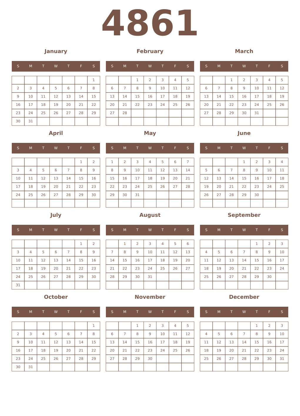 Printable 4861 Year Calendars coffe
