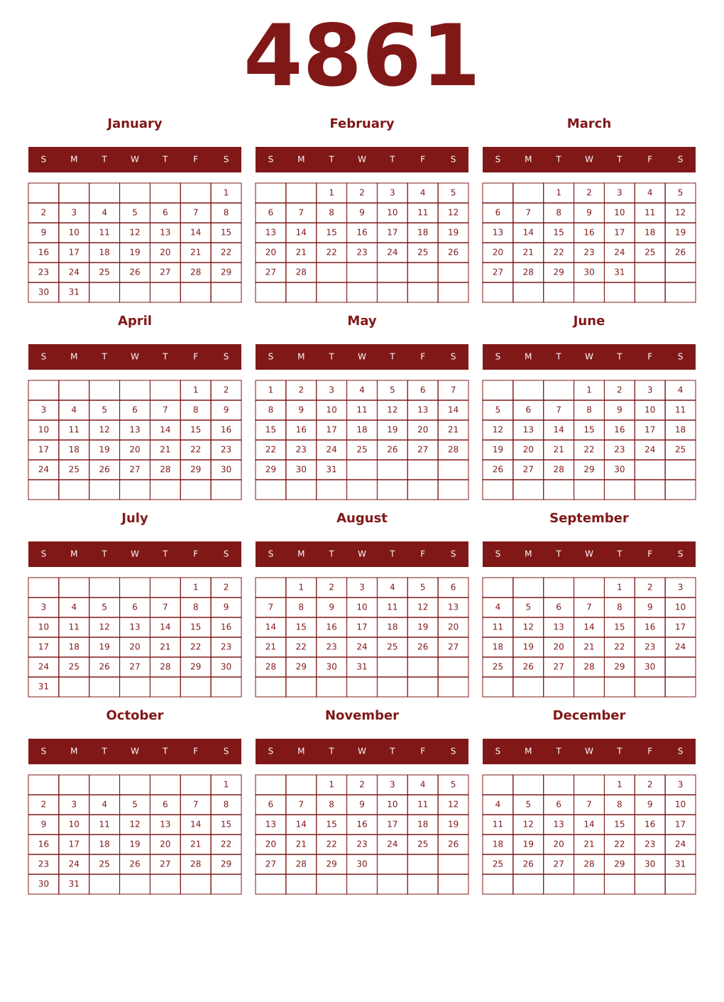 Printable 4861 Year Calendars falu