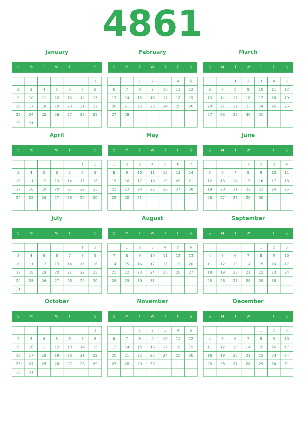 Printable 4861 Year Calendars green
