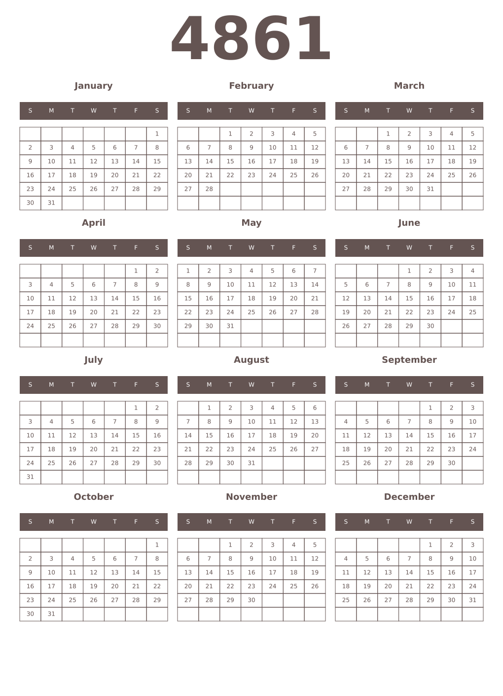 Printable 4861 Year Calendars wenge