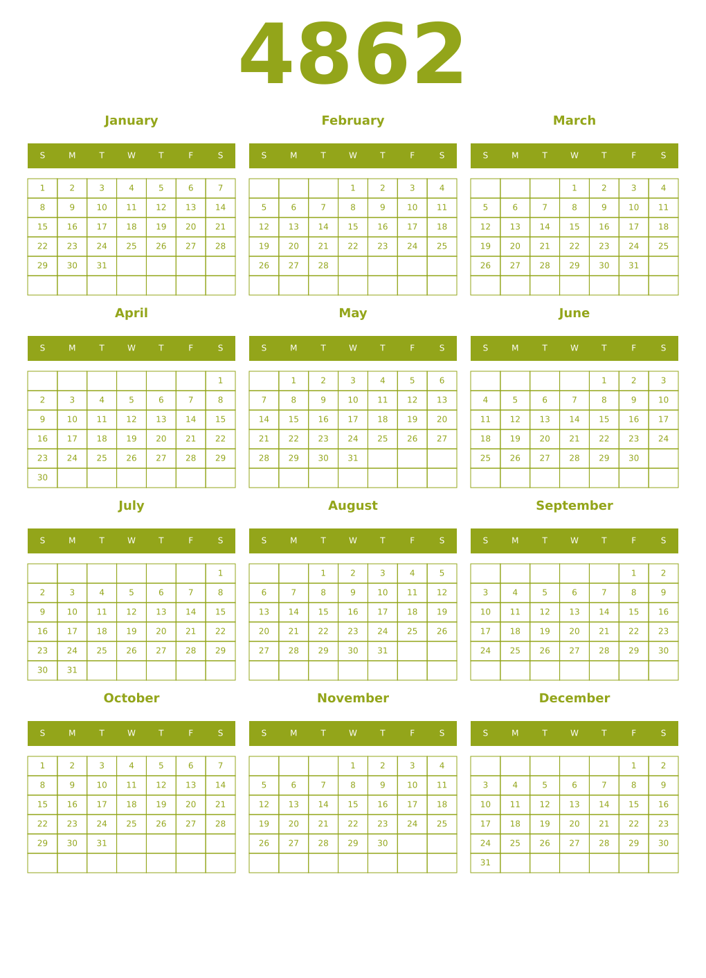 Printable 4862 Year Calendars chartreuse