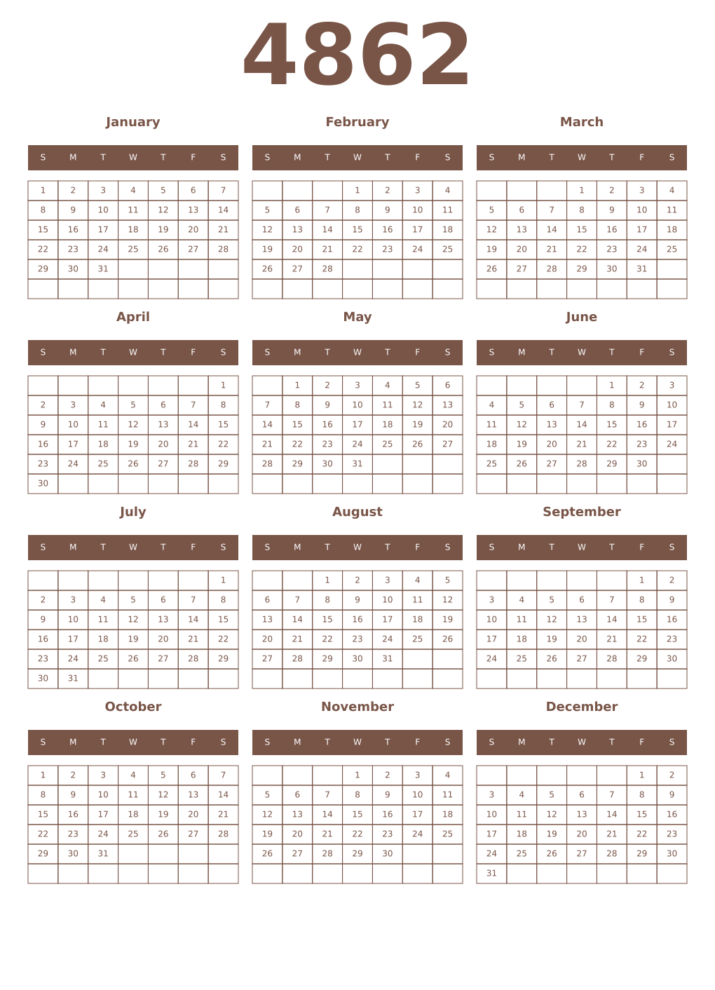 Printable 4862 Year Calendars coffe