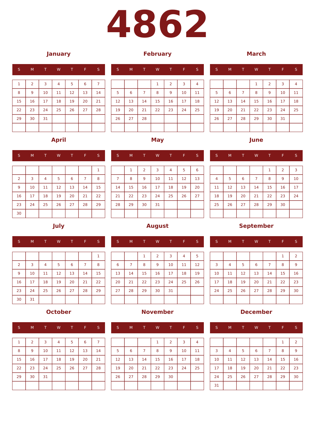 Printable 4862 Year Calendars falu