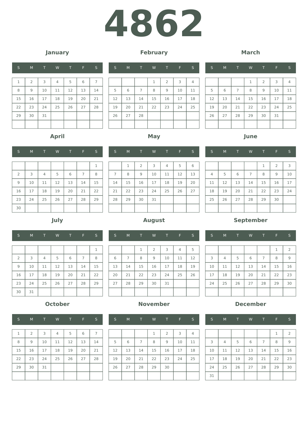 Printable 4862 Year Calendars feldgrau