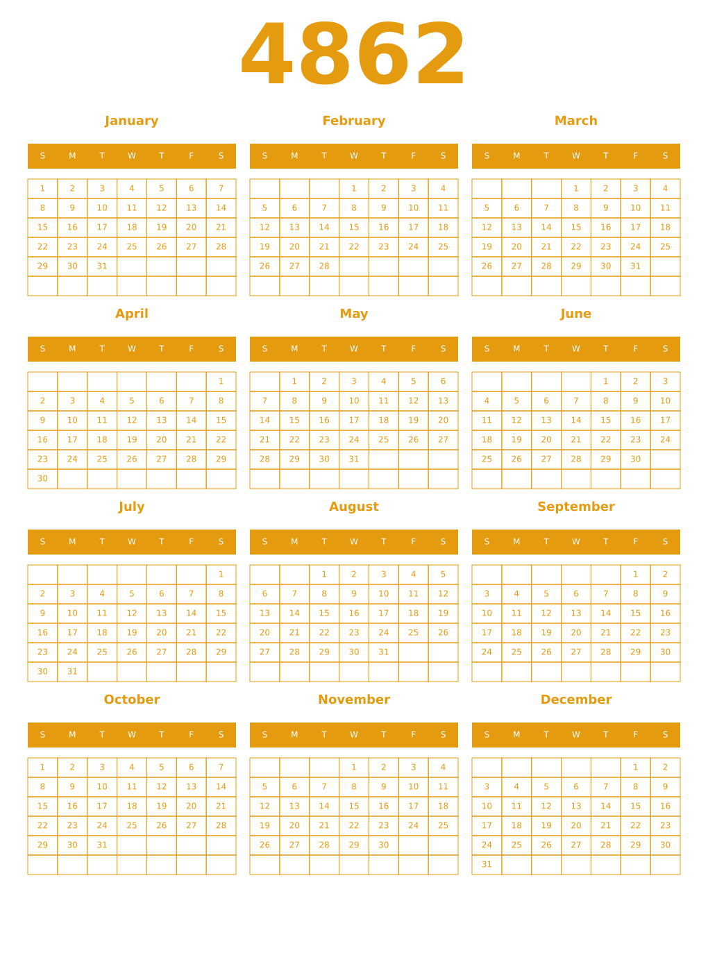 Printable 4862 Year Calendars gamboge