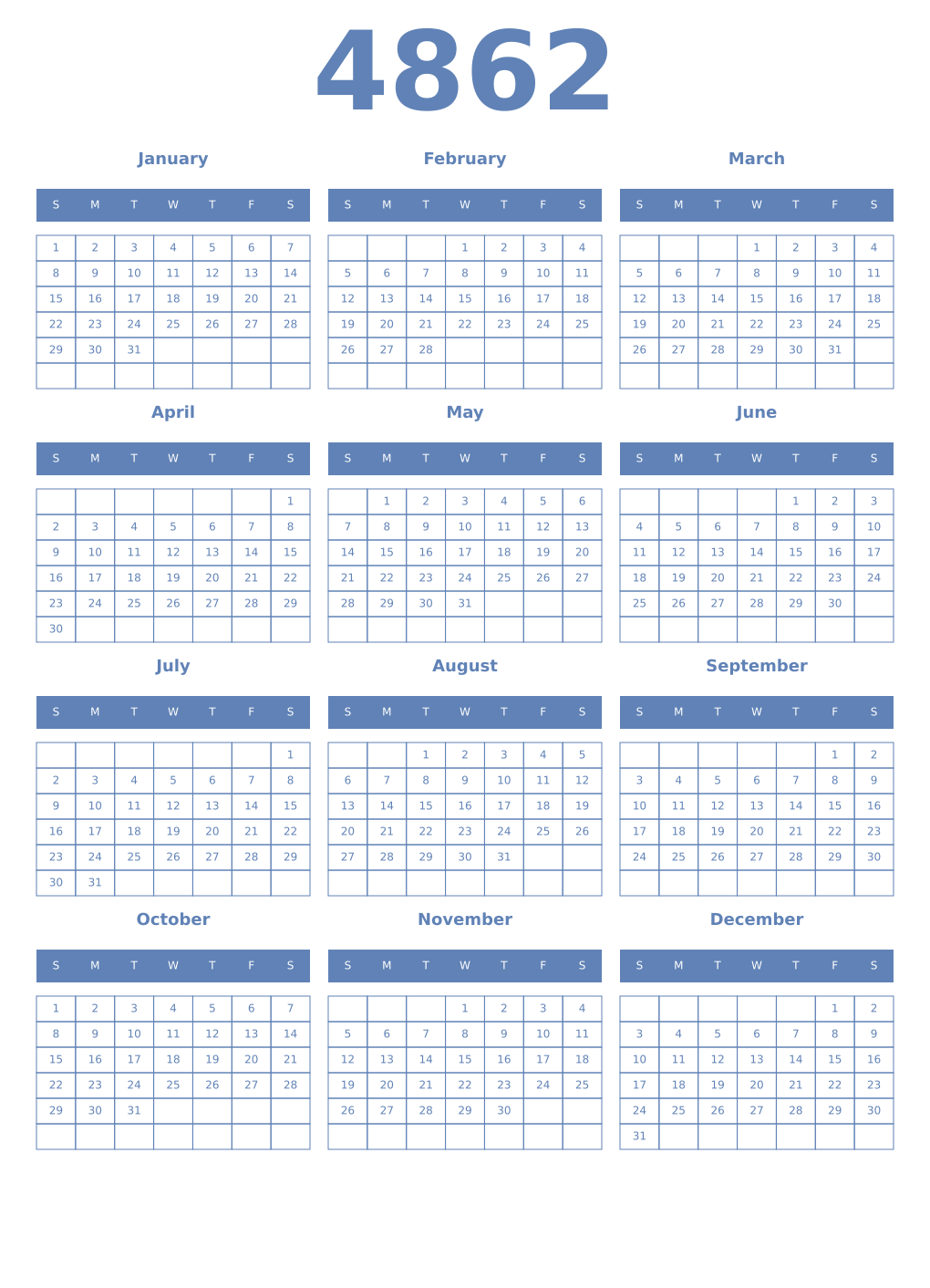 Printable 4862 Year Calendars glaucous