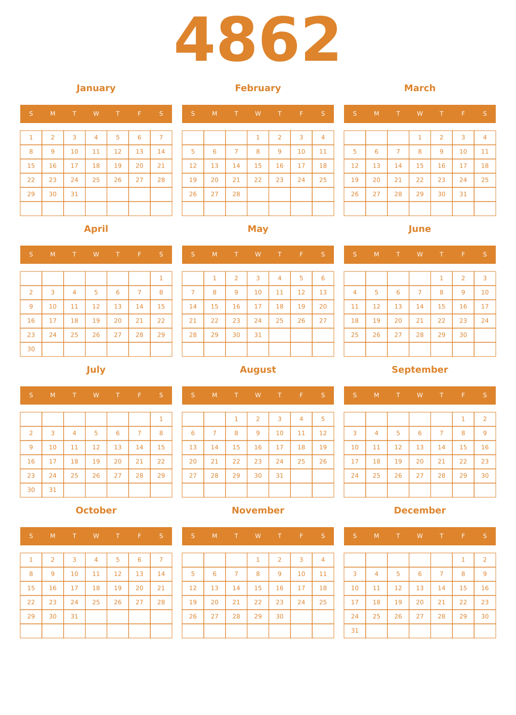 Printable 4862 Year Calendars orange