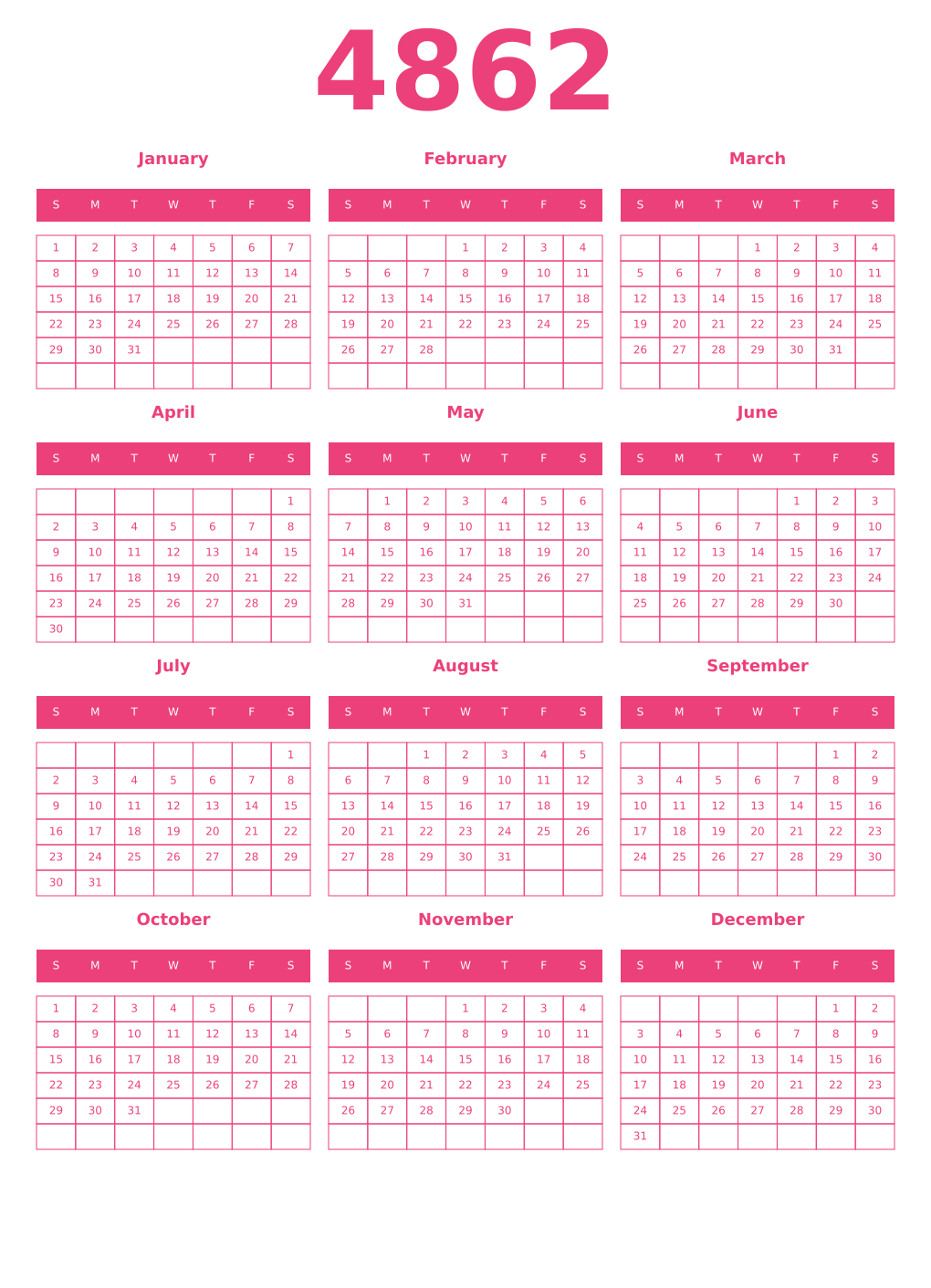 Printable 4862 Year Calendars pink