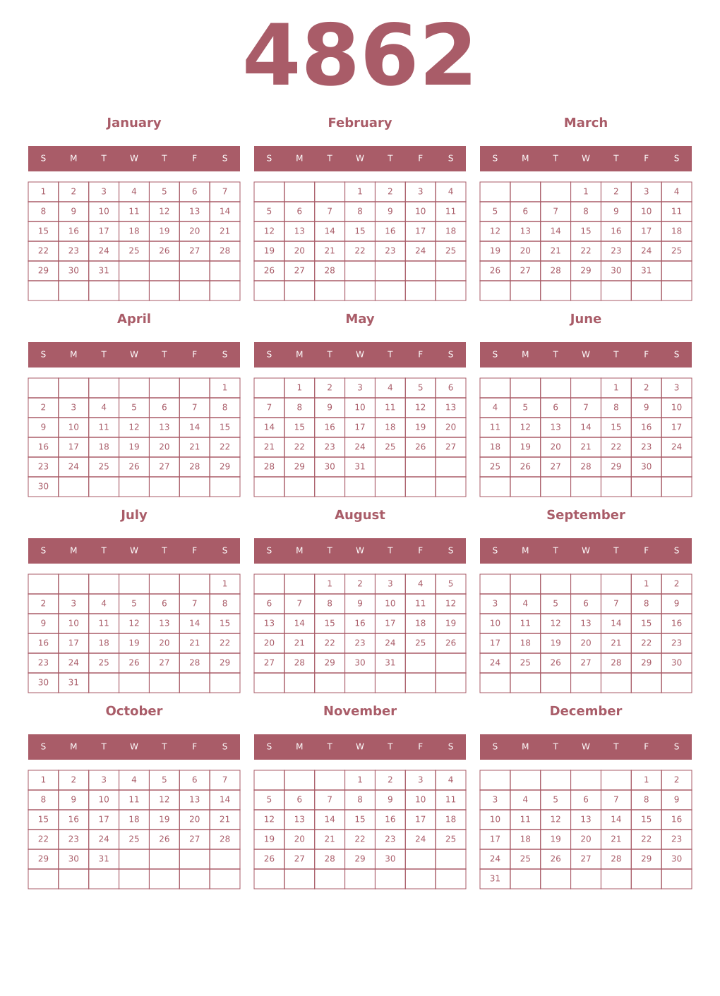 Printable 4862 Year Calendars puce