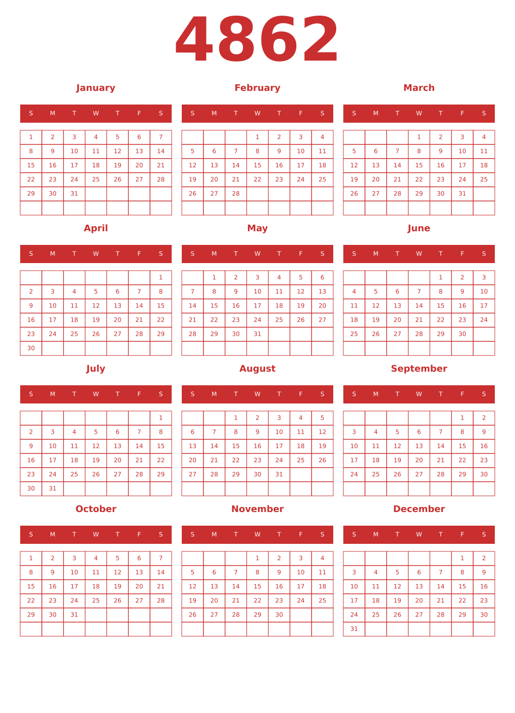 Printable 4862 Year Calendars red