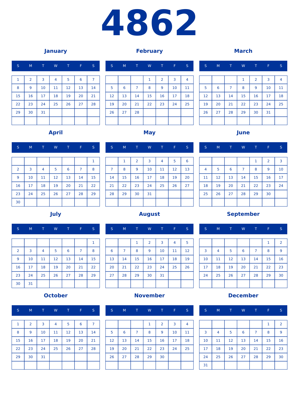 Printable 4862 Year Calendars smalt