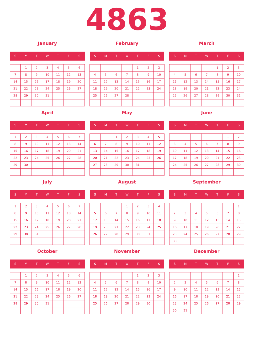 Printable 4863 Year Calendars amaranth