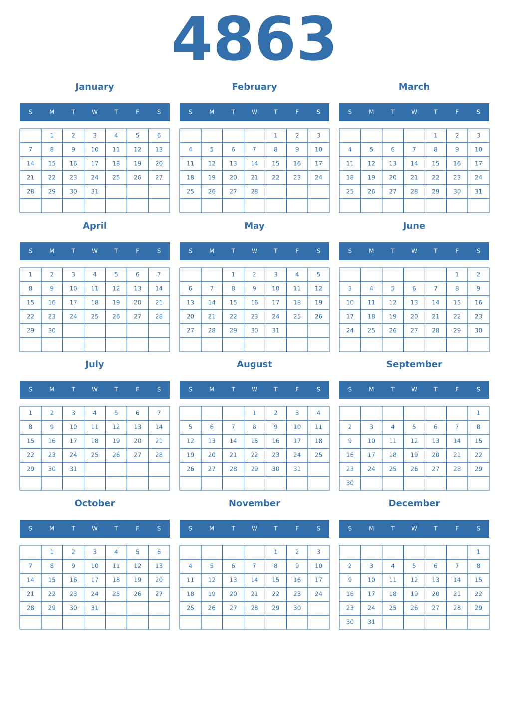 Printable 4863 Year Calendars blue
