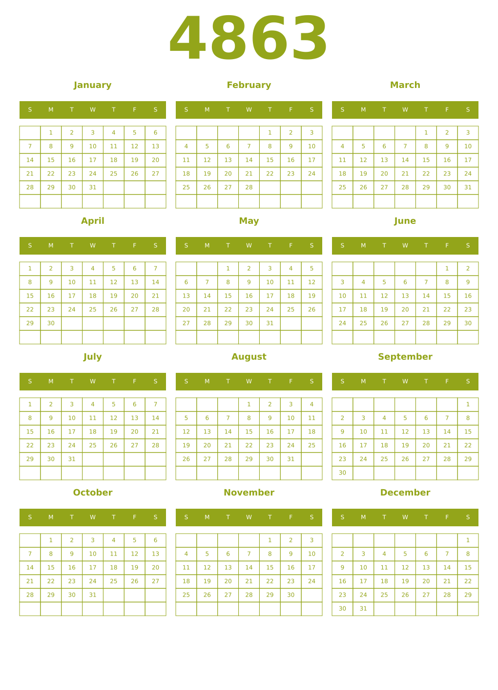 Printable 4863 Year Calendars chartreuse