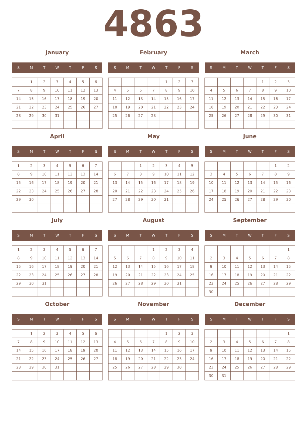 Printable 4863 Year Calendars coffe