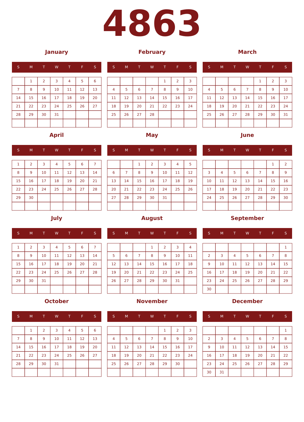 Printable 4863 Year Calendars falu