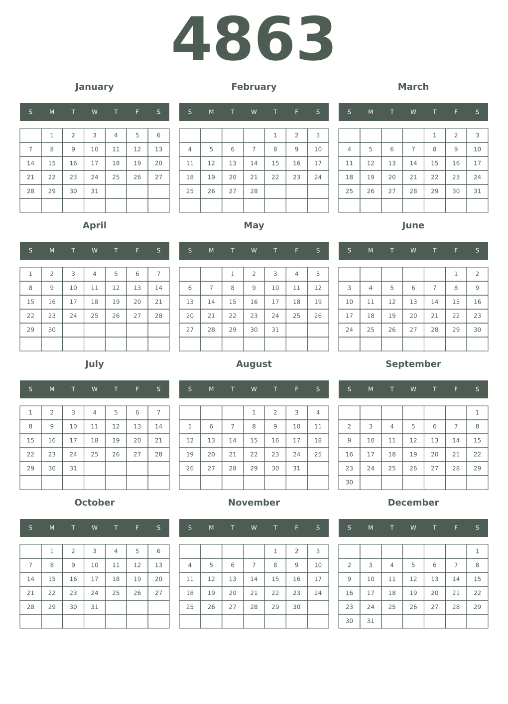 Printable 4863 Year Calendars feldgrau