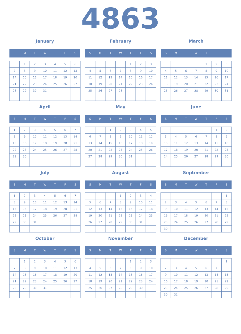 Printable 4863 Year Calendars glaucous