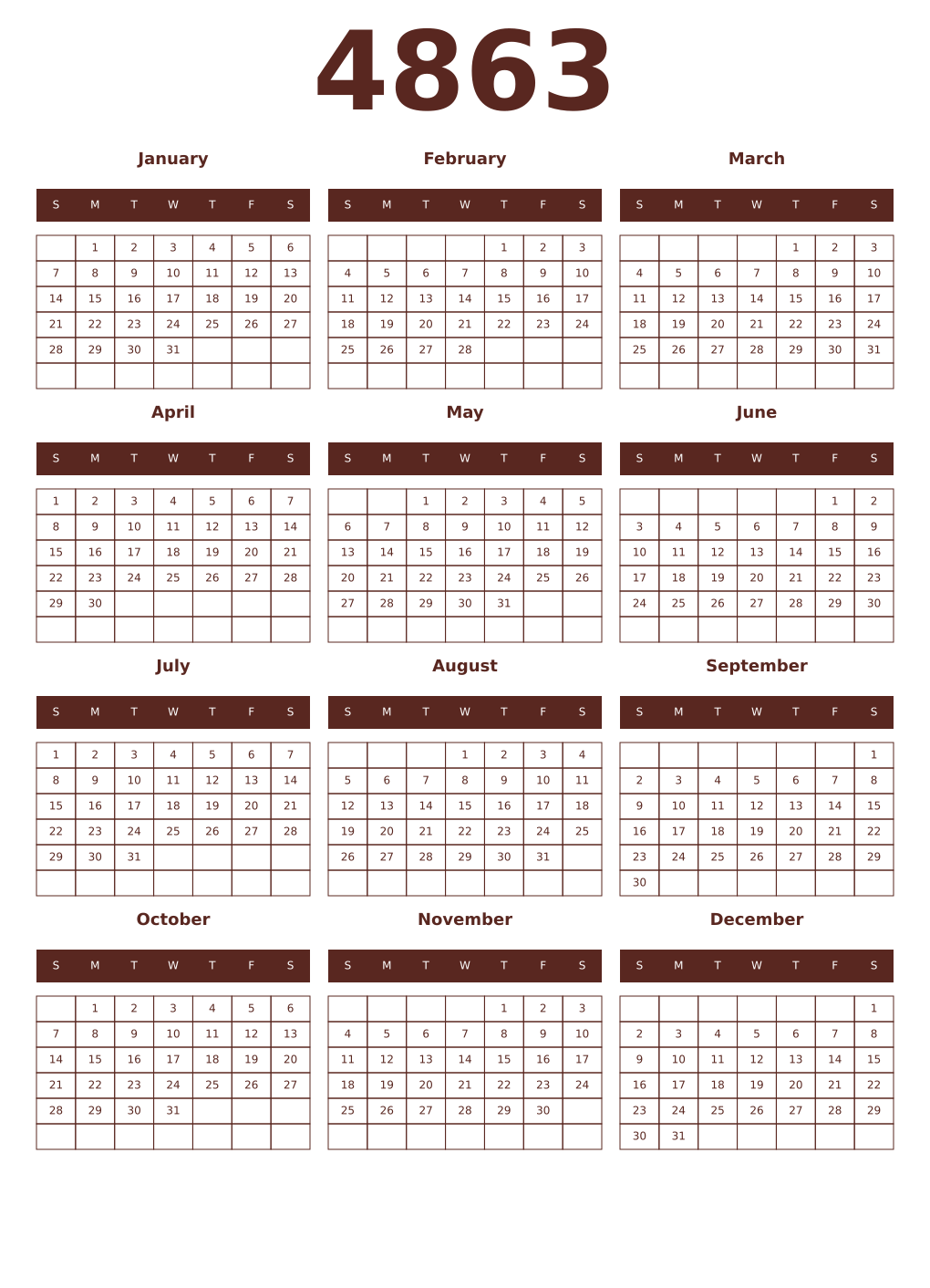 Printable 4863 Year Calendars mortuum