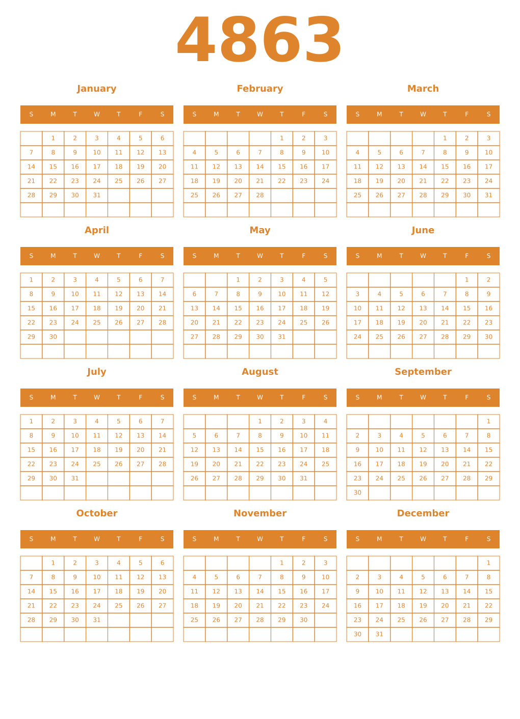 Printable 4863 Year Calendars orange