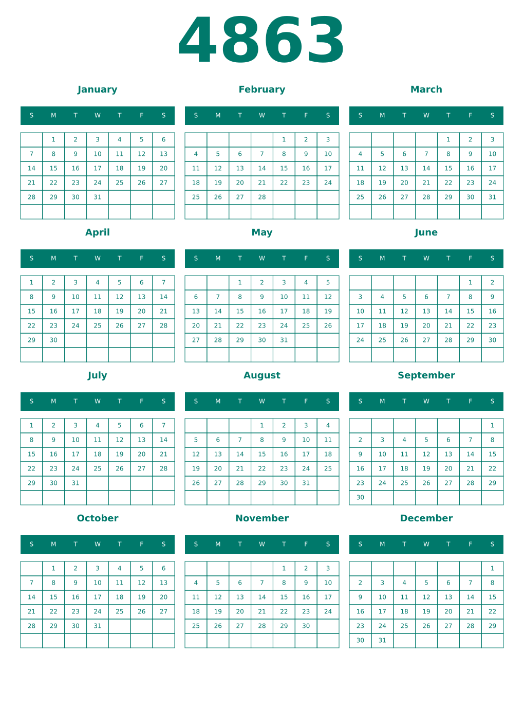 Printable 4863 Year Calendars pastel