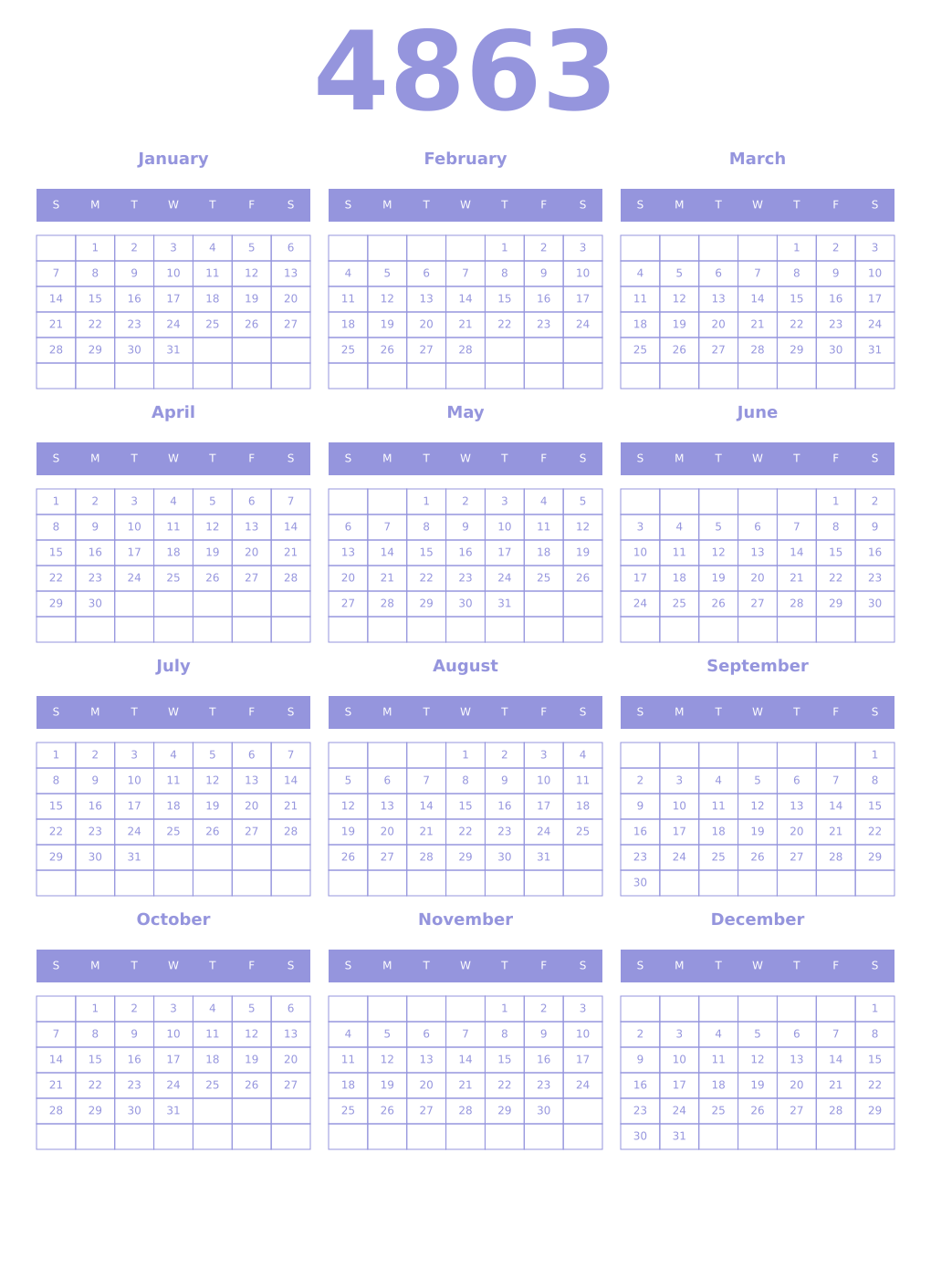 Printable 4863 Year Calendars periwinkle